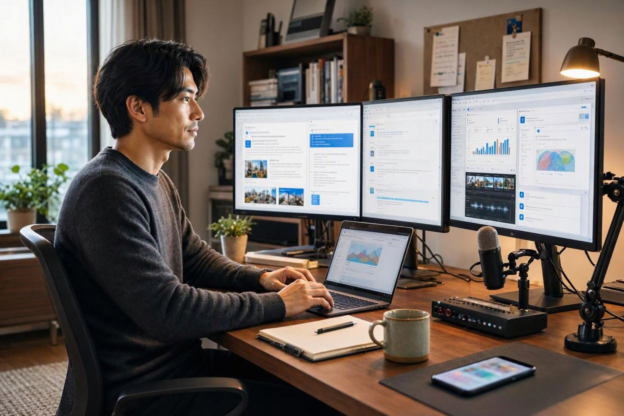 Blogger using AI tools for content creation, video marketing, website management, SEO, and audience growth.