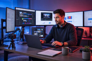 YouTube creator using AI tools for video creation, editing, scripting, content repurposing, and channel growth