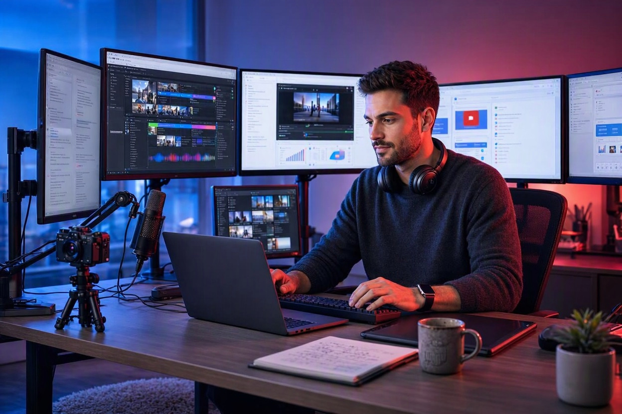 YouTube creator using AI tools for video creation, editing, scripting, content repurposing, and channel growth