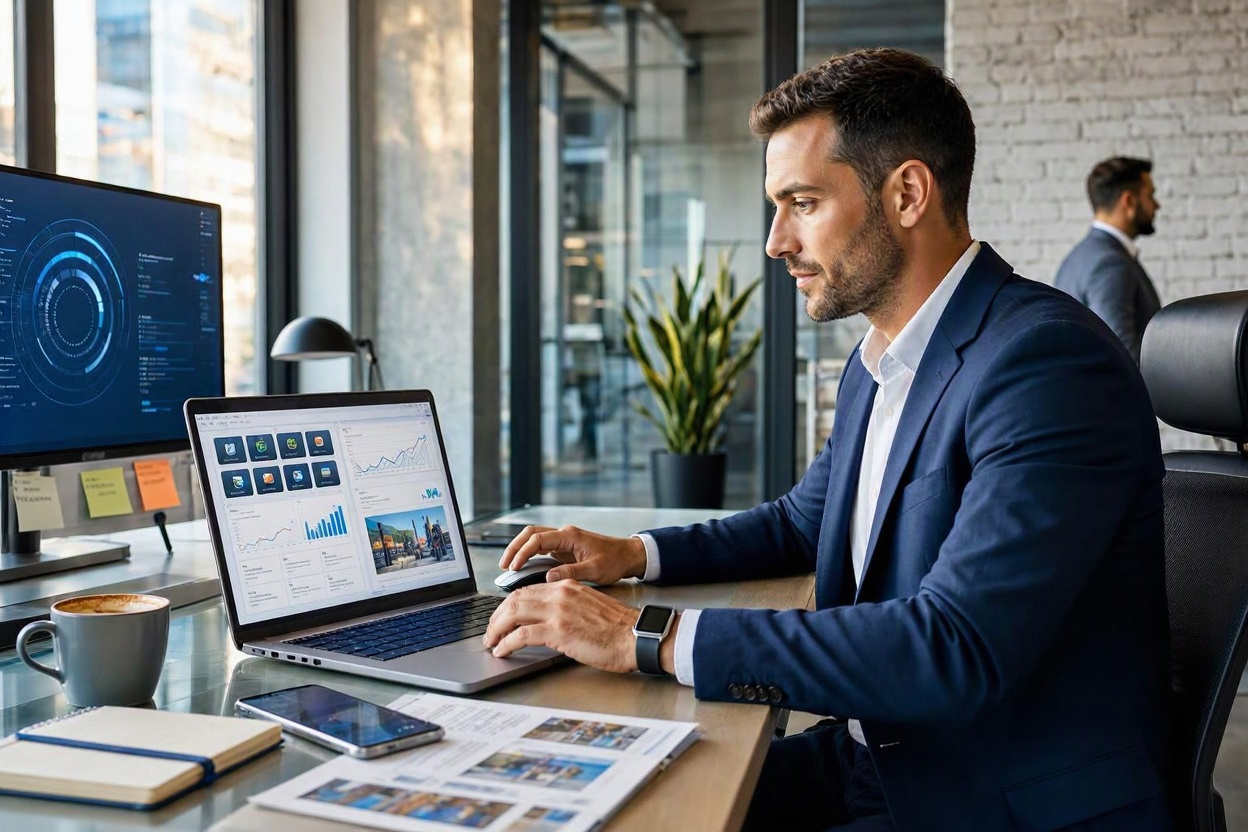 Entrepreneur reviewing Bluehost Black Friday hosting discounts and website creation tools on a laptop computer.