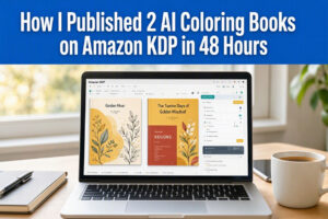 Featured image showing a laptop displaying AI-generated coloring book pages and Amazon KDP publishing tools, highlighting the creation and publication of two coloring books, Golden Hour and The Twelve Days of Golden Mischief, within 48 hours.