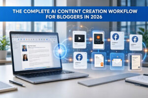 AI content creation workflow showing how a blogger turns one blog post into videos, social media content, lead magnets, email newsletters, and published books using AI tools.