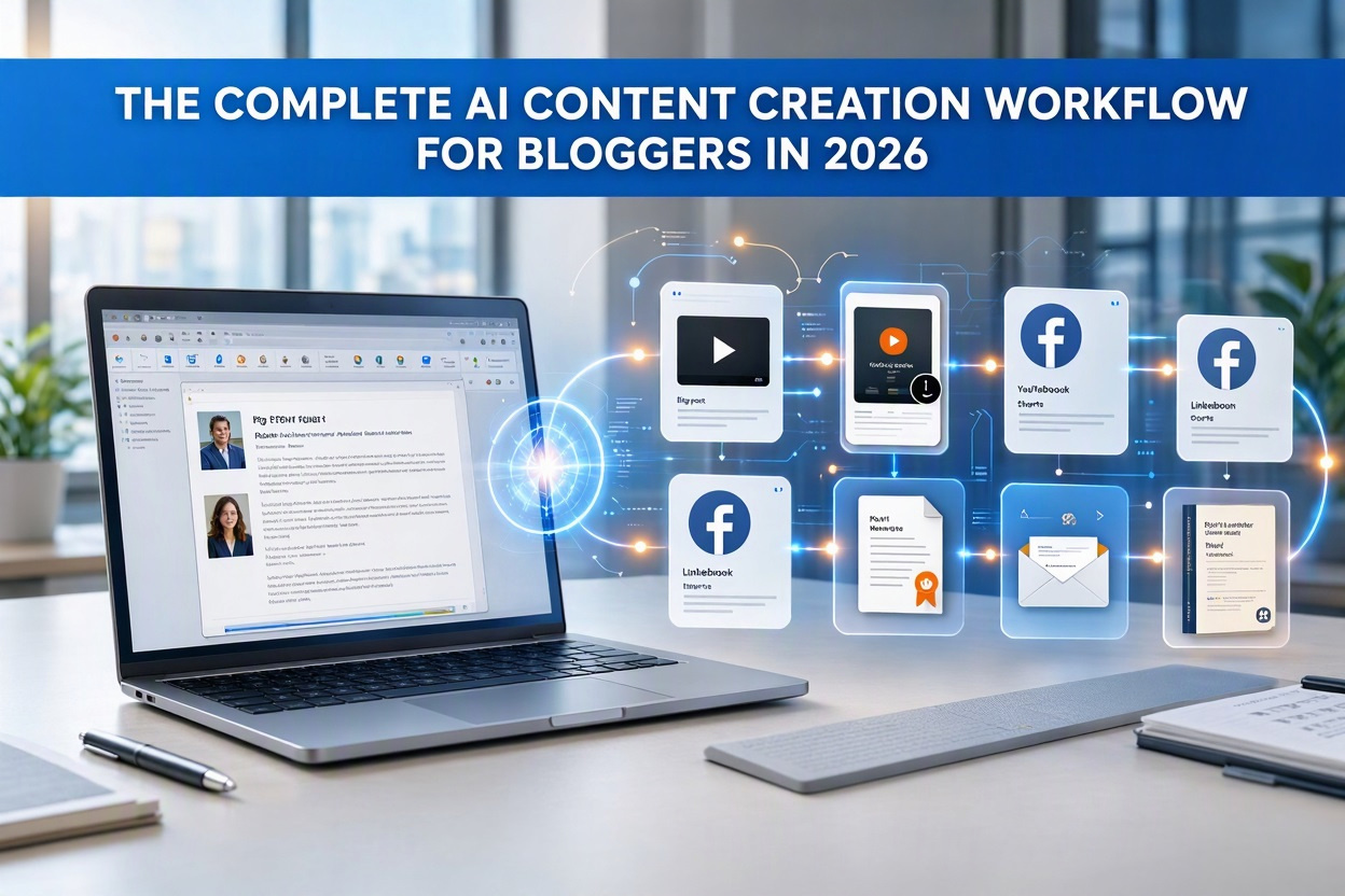 AI content creation workflow showing how a blogger turns one blog post into videos, social media content, lead magnets, email newsletters, and published books using AI tools.