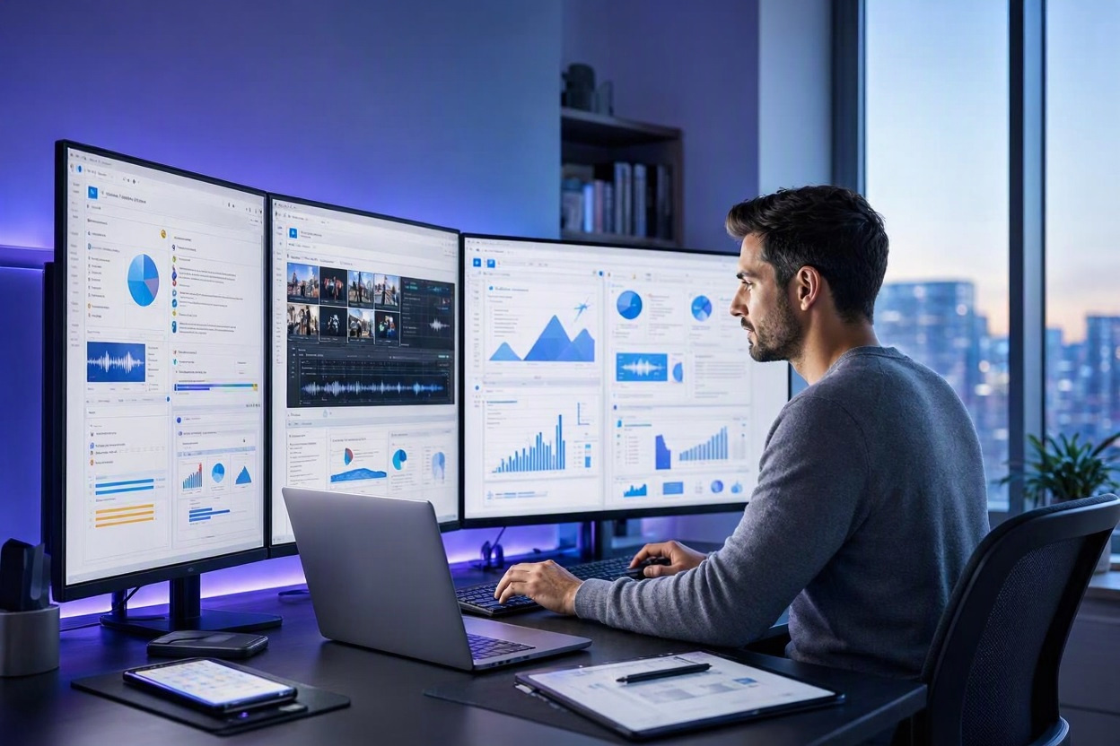 Affiliate marketer using AI tools for content creation, video marketing, website management, and online business growth