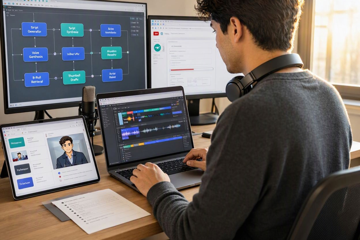 Content creator building a faceless YouTube channel using AI video generation tools and automation software.