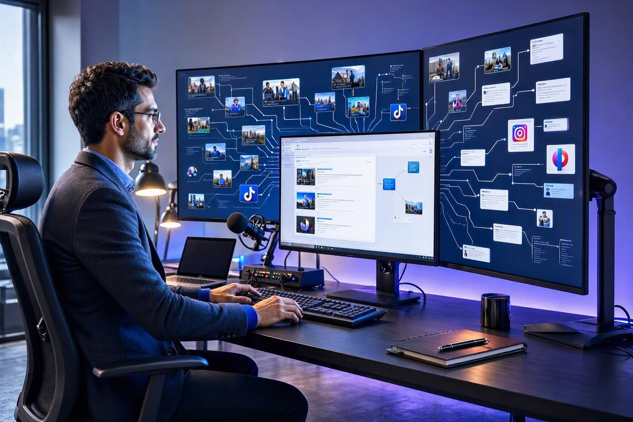 Digital content creator turning one blog post into multiple videos, social media posts, email campaigns, and marketing assets using AI tools.