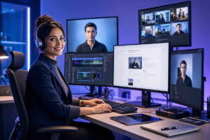 Digital content creator turning one blog post into multiple videos using AI tools for YouTube, Shorts, Instagram Reels, and Facebook Reels