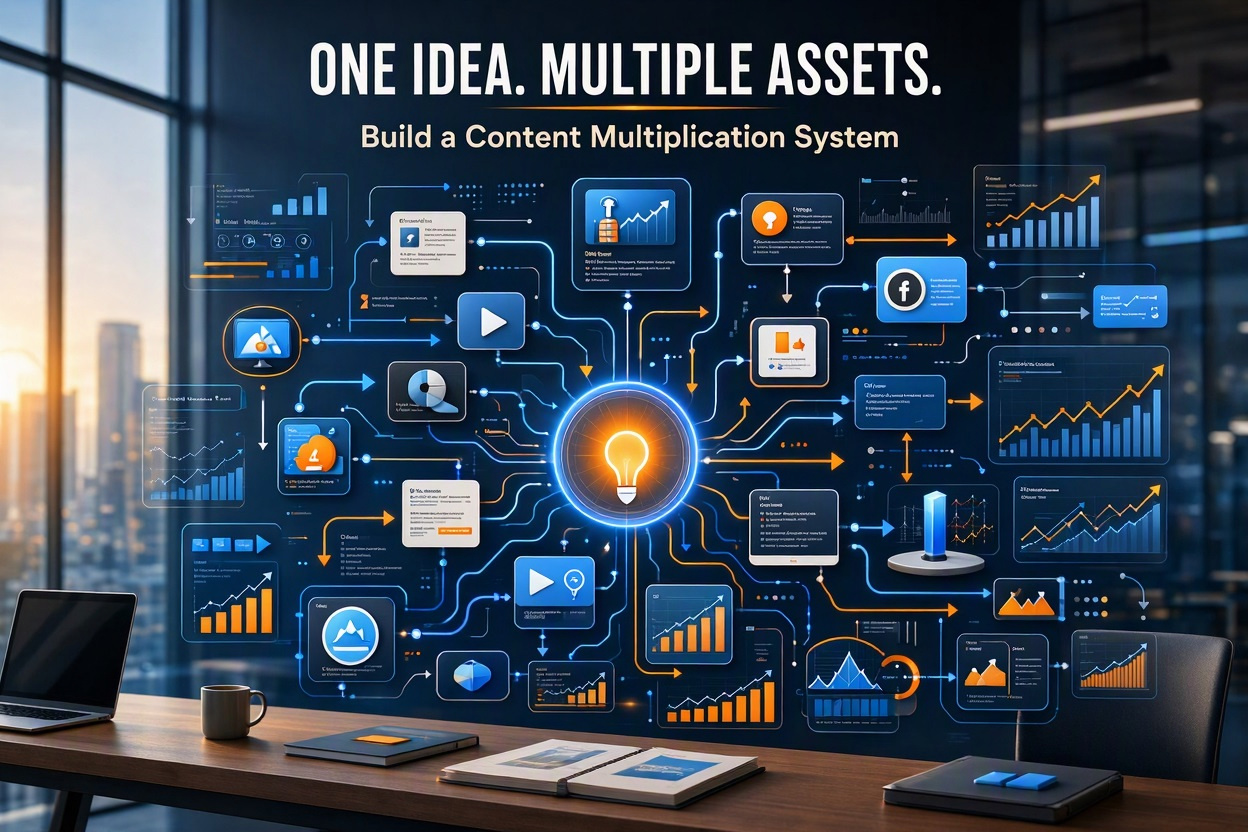 Content multiplication system showing how one idea becomes blog posts, videos, social media content, email newsletters, lead magnets, ebooks, and other digital assets.
