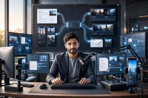 Digital content creator using AI tools to transform one content idea into blog posts, videos, YouTube Shorts, social media content, lead magnets, and marketing assets