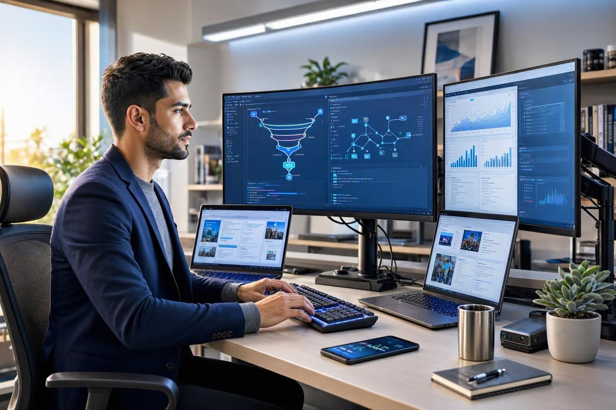 Affiliate marketing funnel showing traffic, lead magnets, email subscribers, affiliate offers, and commission-generating content assets.