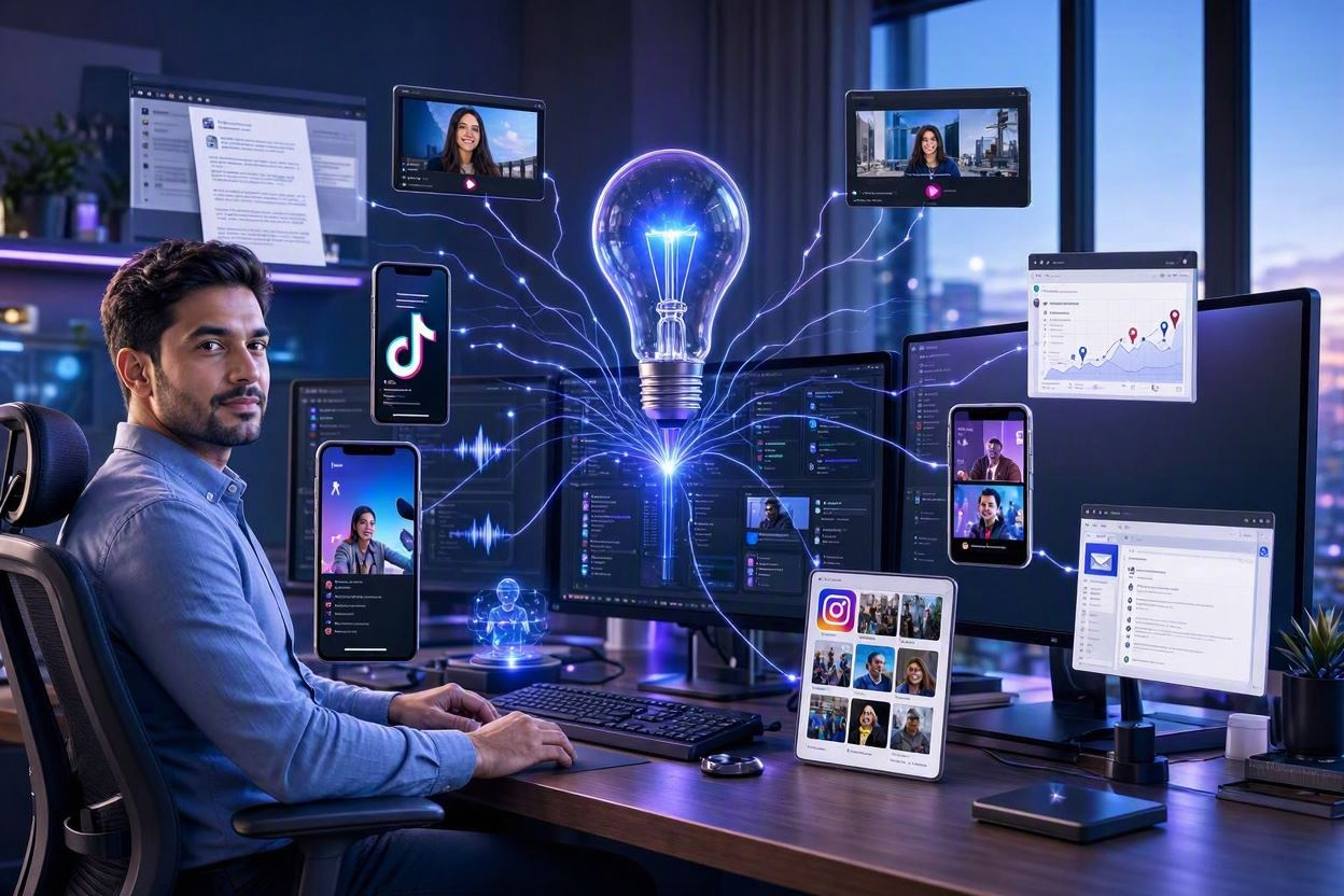 Content creator using AI tools to turn one content idea into blog posts, videos, social media posts, and marketing assets