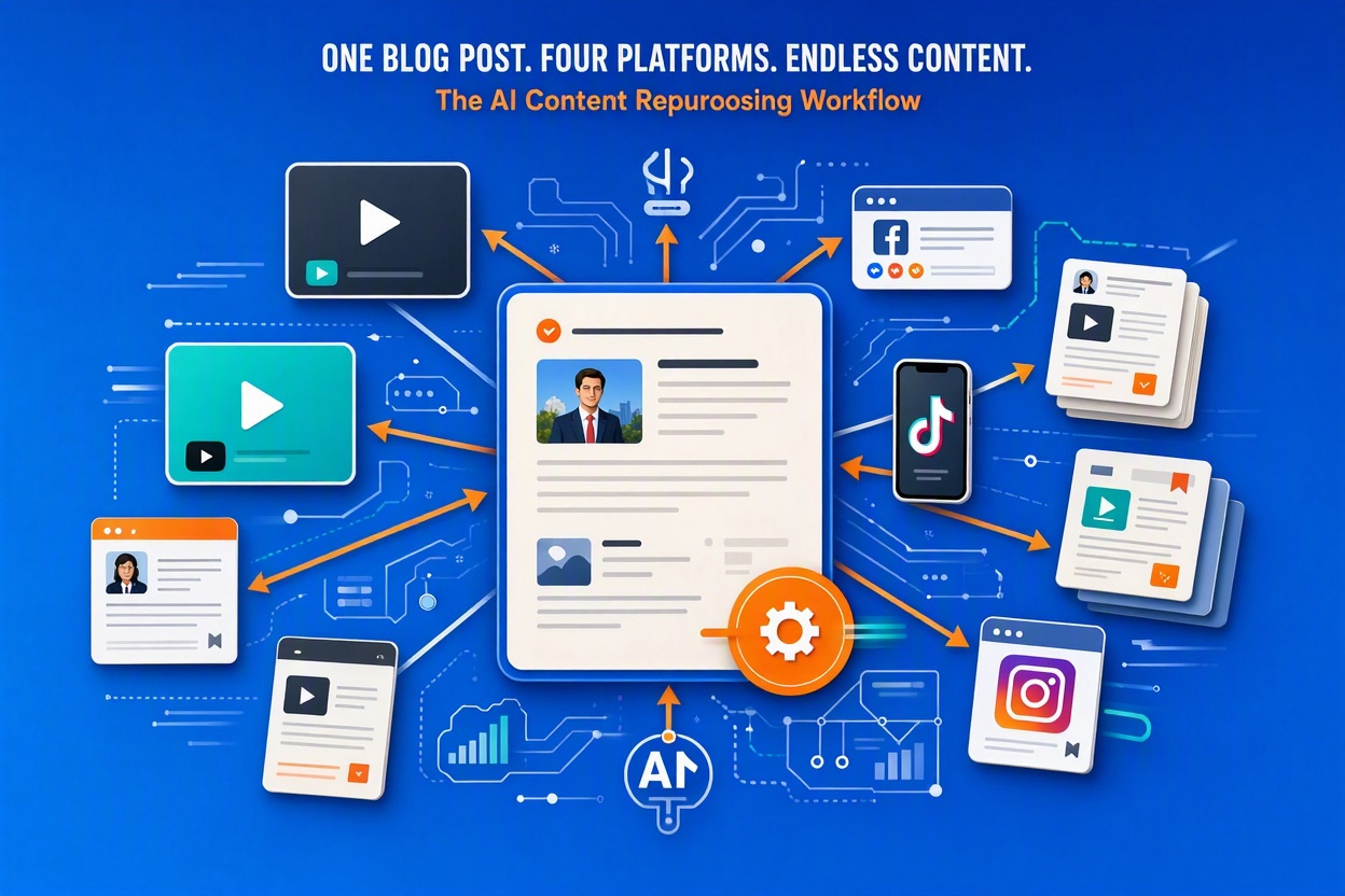 Content repurposing workflow showing how one blog post can be transformed into YouTube videos, TikTok content, Facebook posts, Instagram Reels, email newsletters, and downloadable resources.