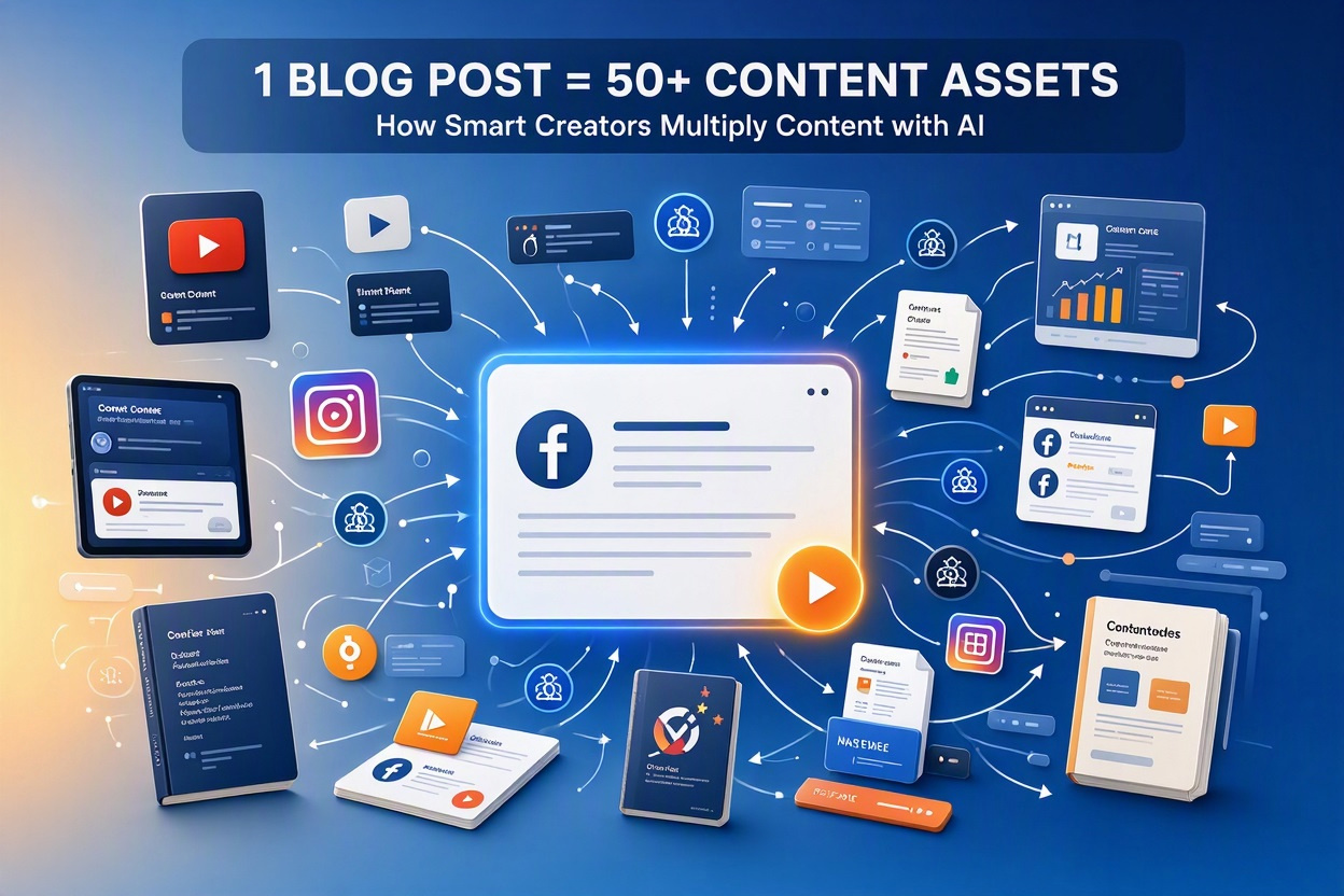 Visual workflow showing how one blog post can be transformed into videos, social media posts, email newsletters, lead magnets, ebooks, and other content assets using AI tools.