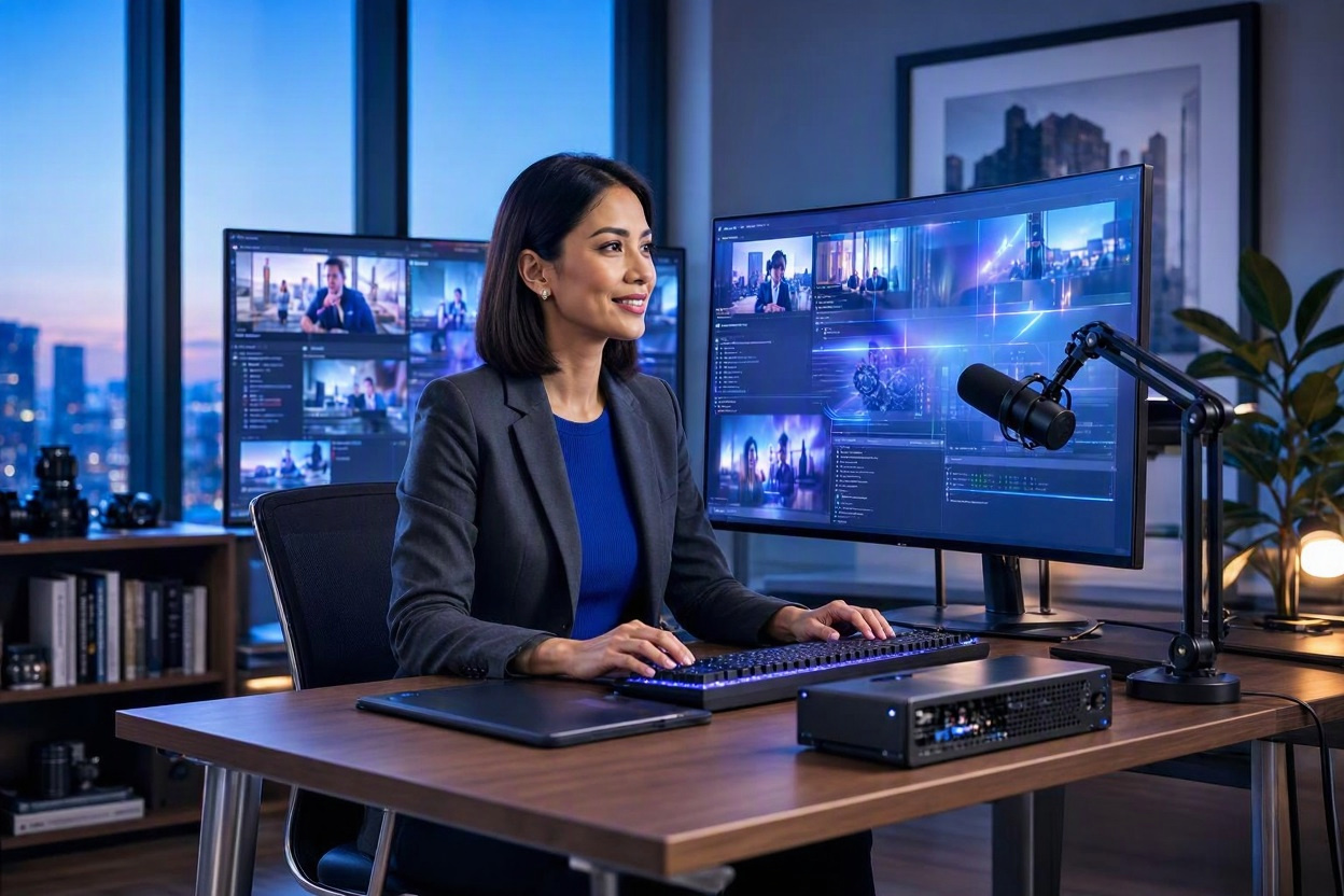 Content creator using InVideo AI to generate professional marketing videos from text prompts on a computer dashboard