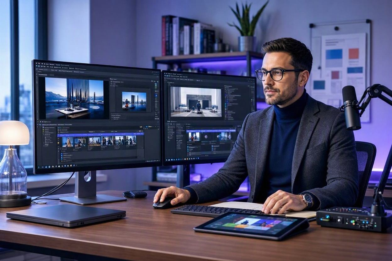 Comparison of Pictory and InVideo AI video generation platforms displayed on computer screens in a modern content creation workspace