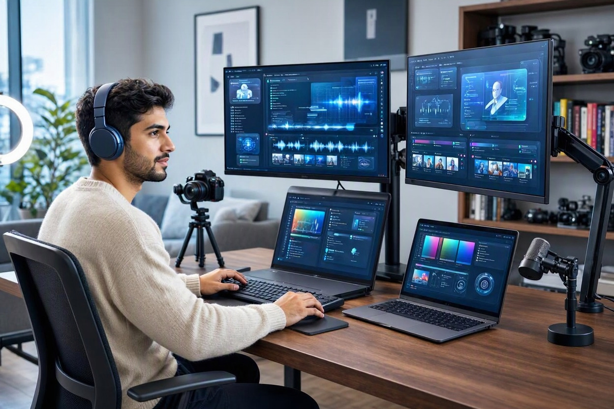 Content creator comparing AI video generators including Pictory, Synthesia, InVideo, and VEED in a modern workspace